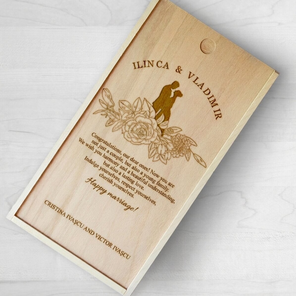 Caja de regalo personalizada de madera con mensaje - Regalo de boda