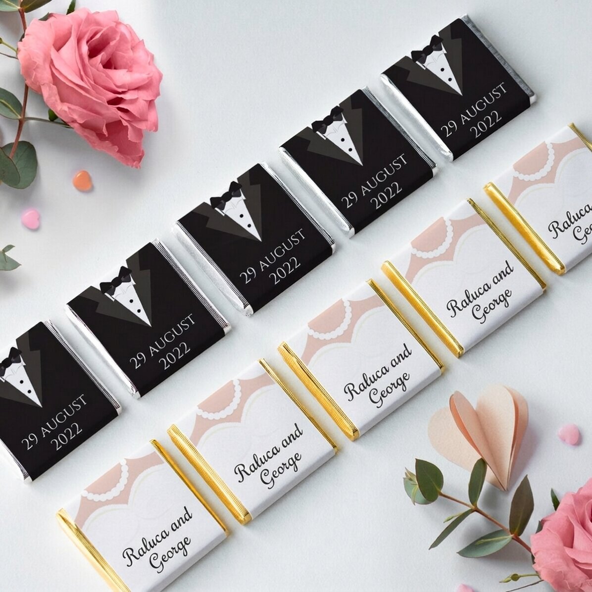 Lote de 10 minichocolates personalizados con texto: «Mr and Mrs»