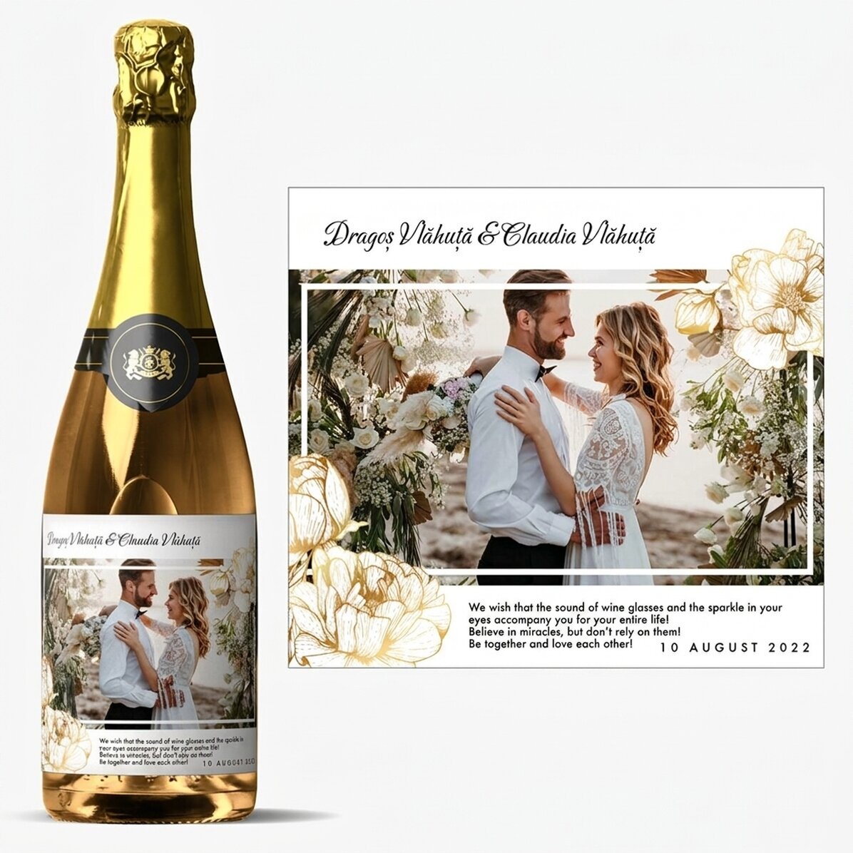 Vino espumoso personalizado con texto y foto - Felicitación de boda