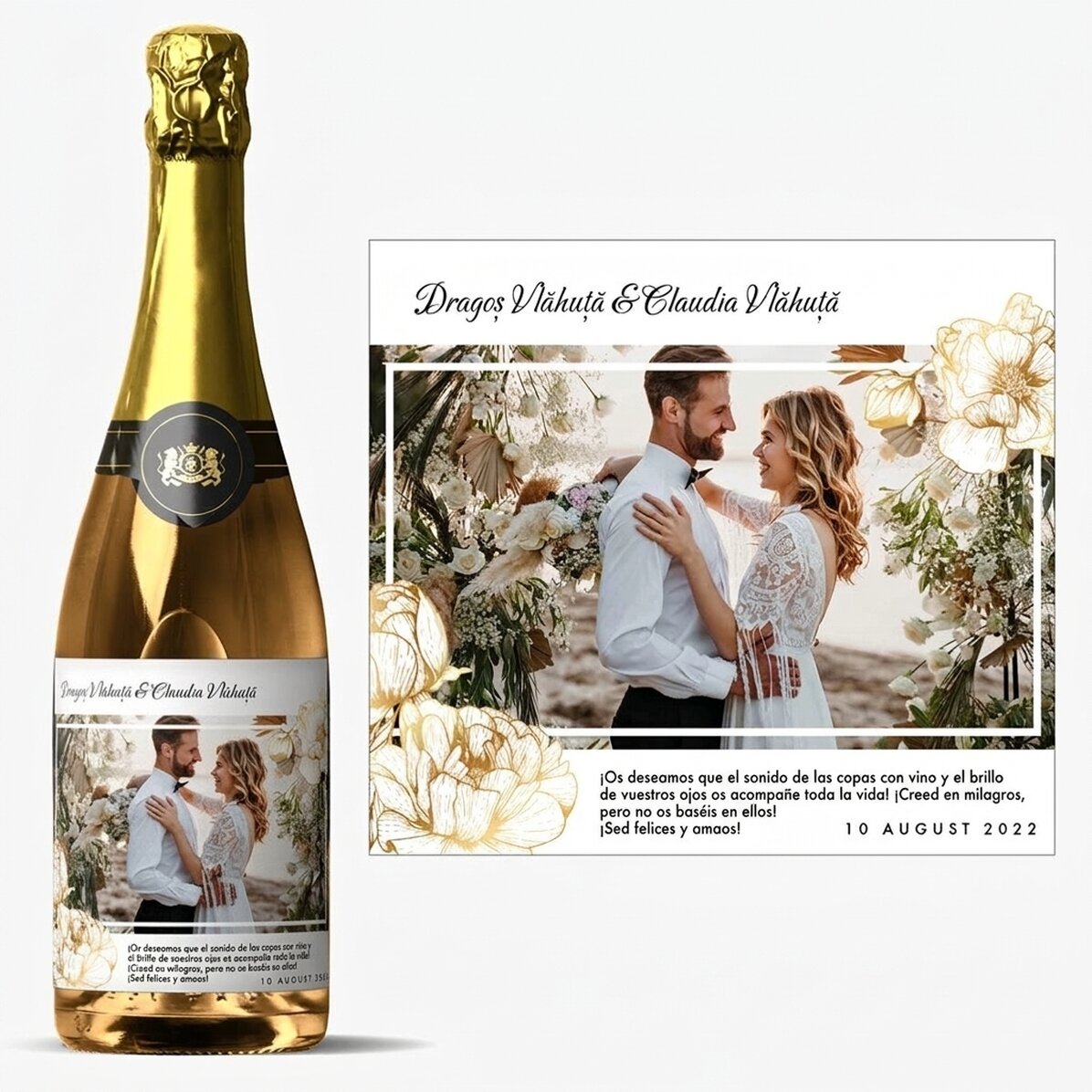 Vino espumoso personalizado con texto y foto - Felicitación de boda