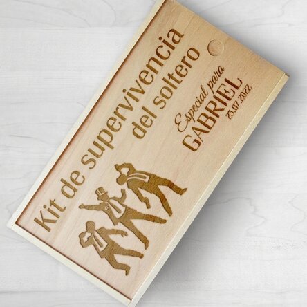Caja de regalo personalizada de madera con mensaje - Kit de supervivencia para la despedida de solte