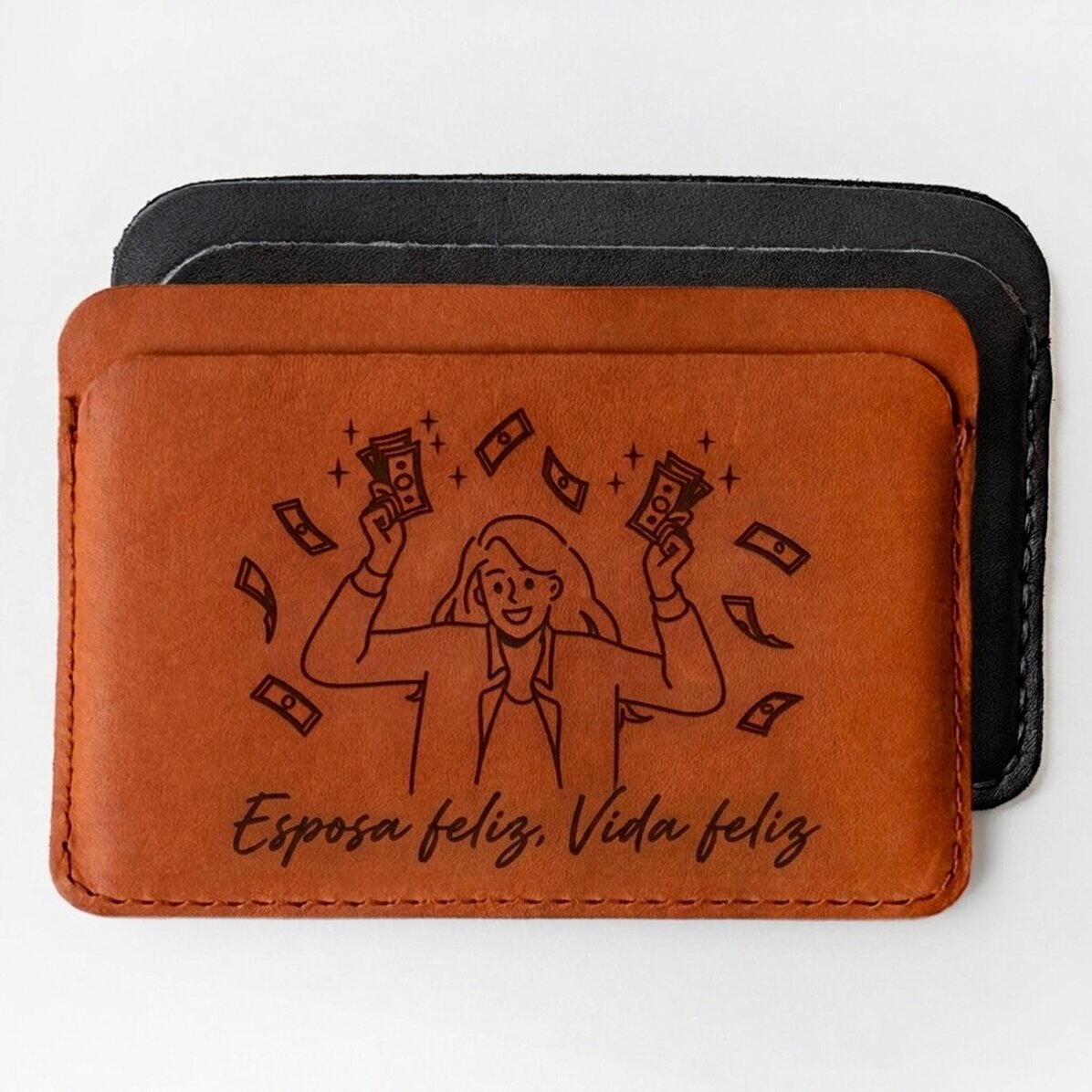 Cartera de piel personalizada con el texto «Happy wife, Happy life»