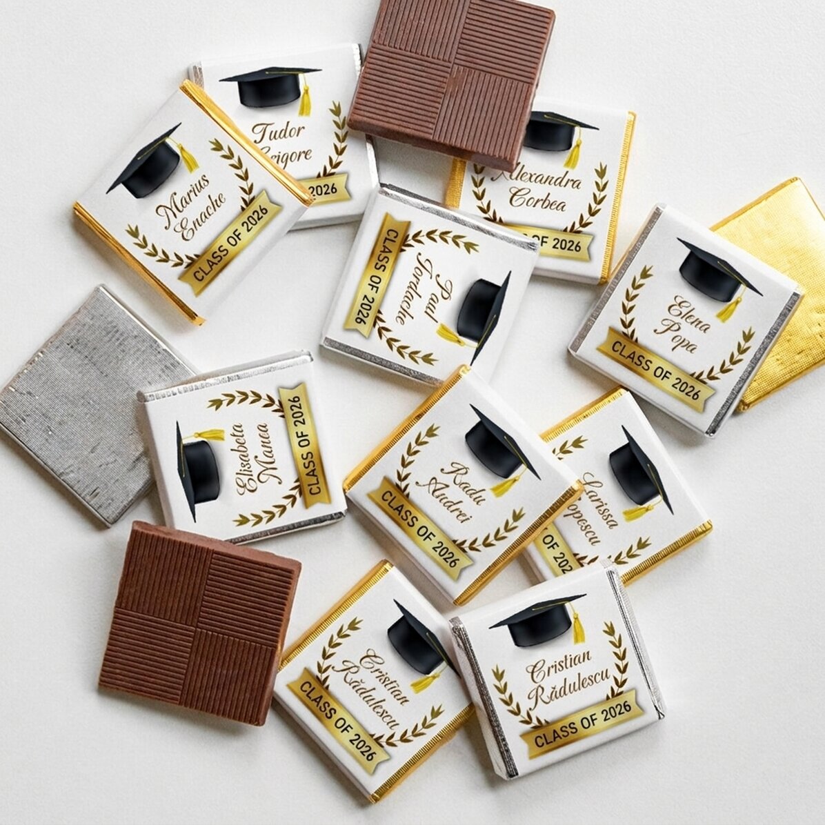 Lote de 10 minichocolates personalizados con mensaje para graduados