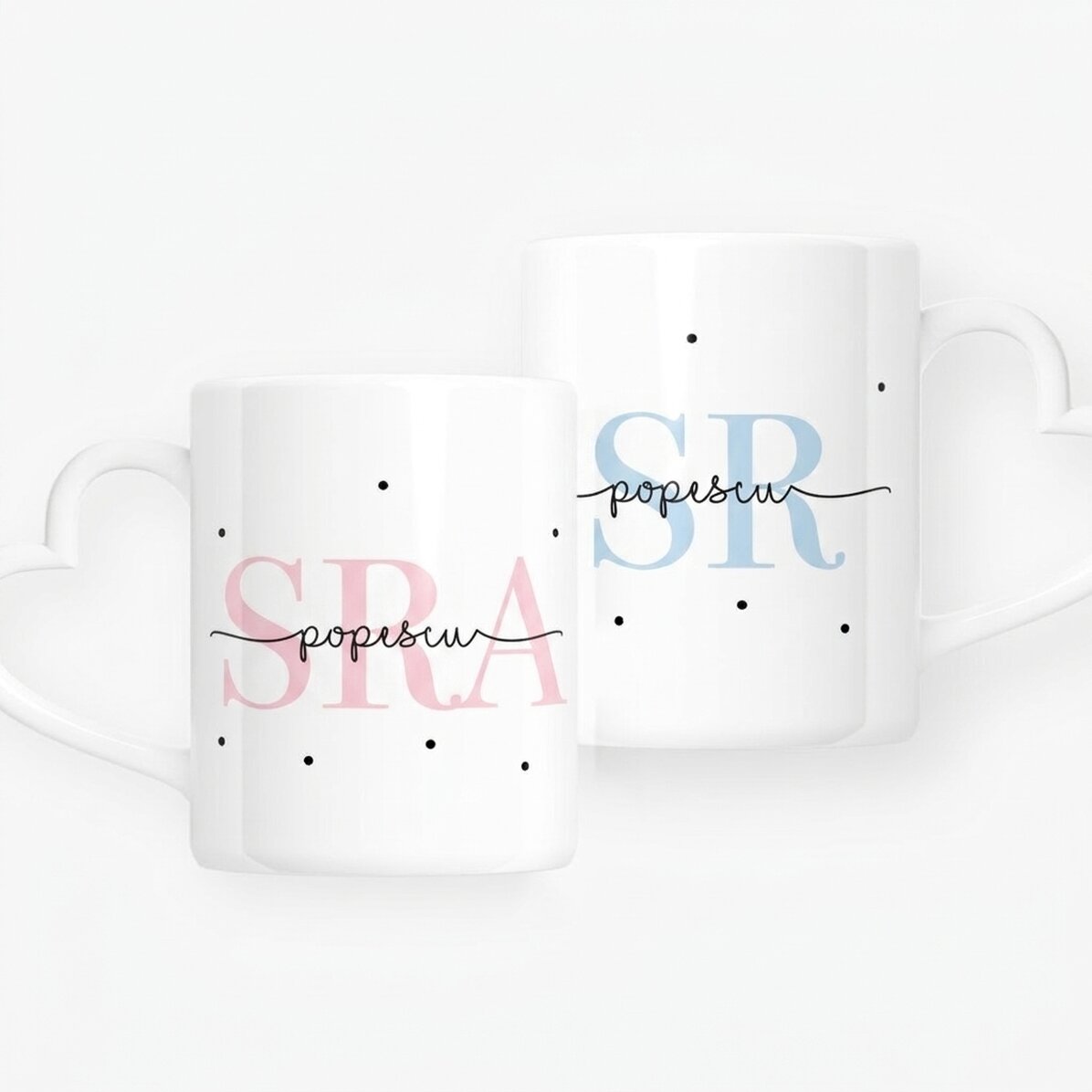 Tazas para parejas personalizadas con texto y fecha - MRS & MR - modelo con asa en forma de corazón