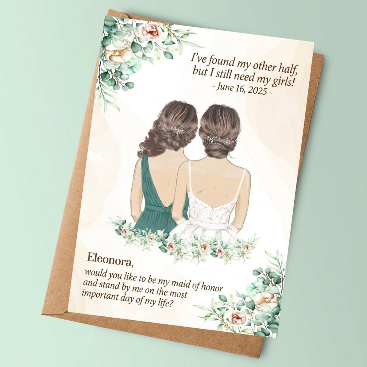 Tarjeta personalizada con mensaje para las damas de honor