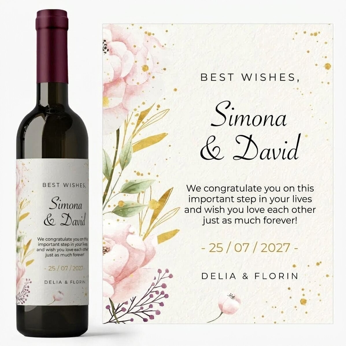 Vino personalizado con mensaje: «Felicidades, novios»