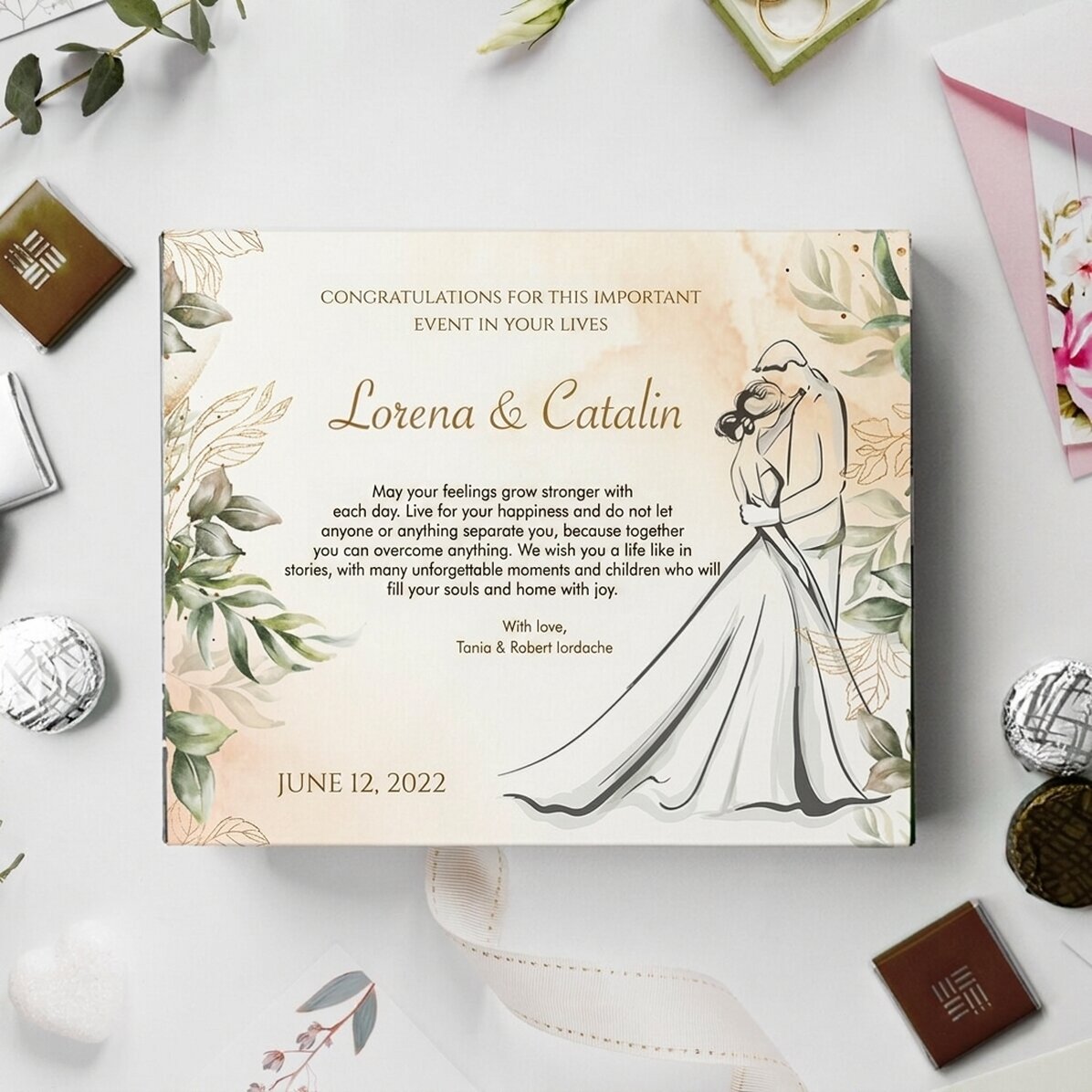 Caja de bombones personalizada con un mensaje de boda