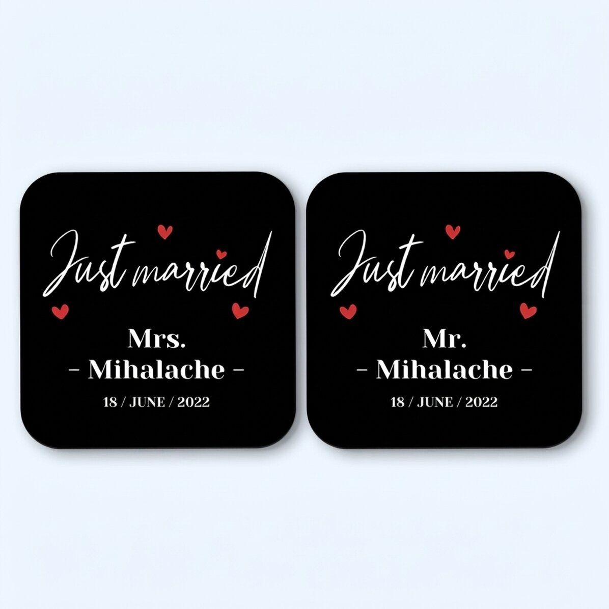 Lote de 2 posavasos personalizados con el texto «Just Married»