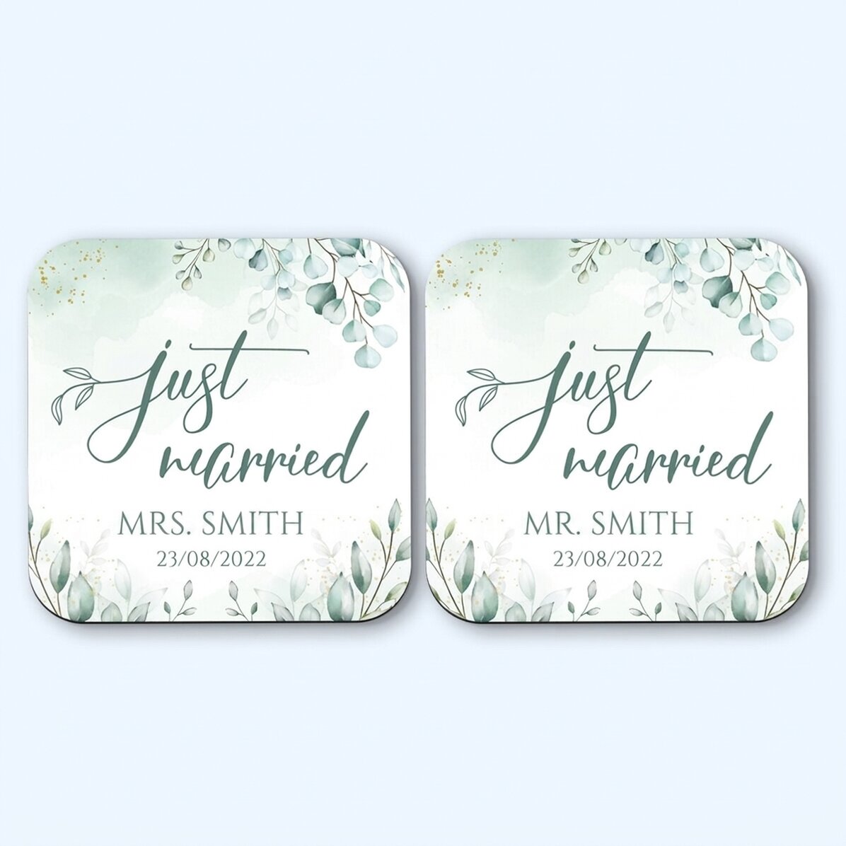 Lote de 2 posavasos personalizados con el texto «Just Married Elegance»