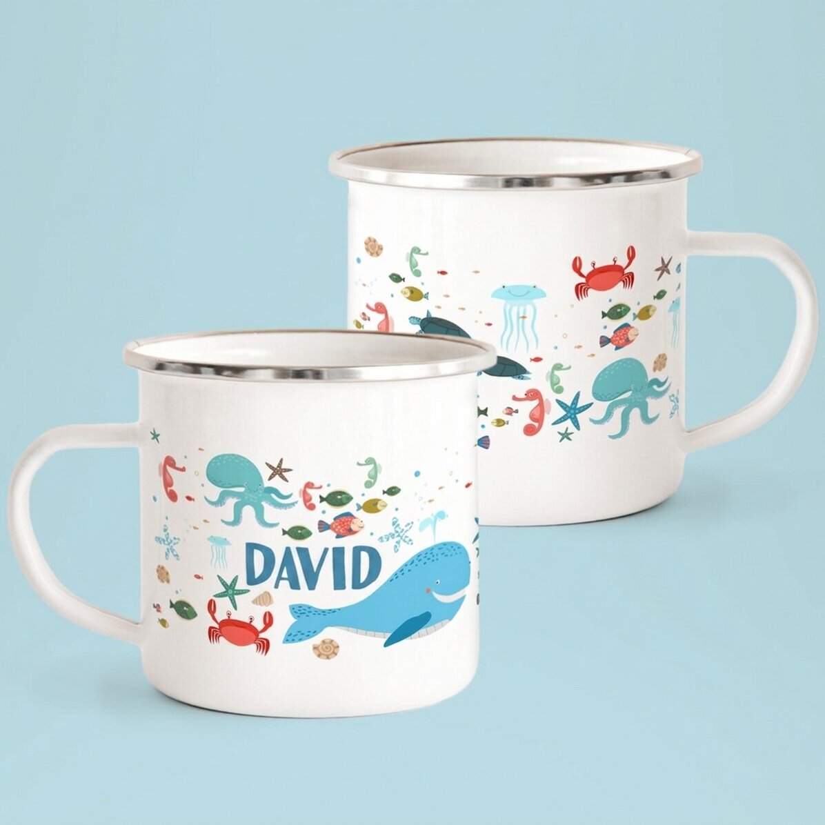 Taza metálica esmaltada con nombre para niños - Sea friends