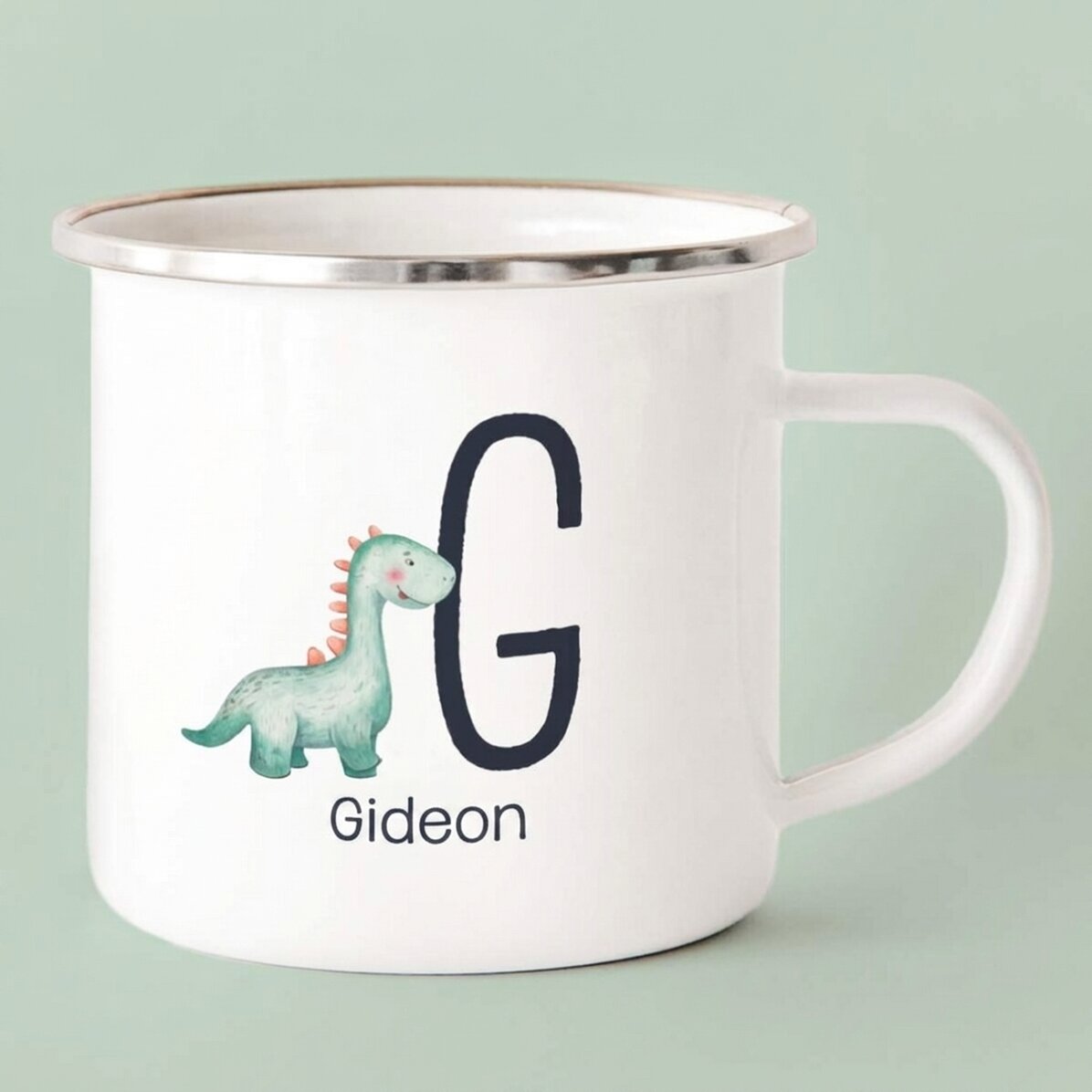 Taza metálica esmaltada con nombre e inicial para niños - Dinosaurio