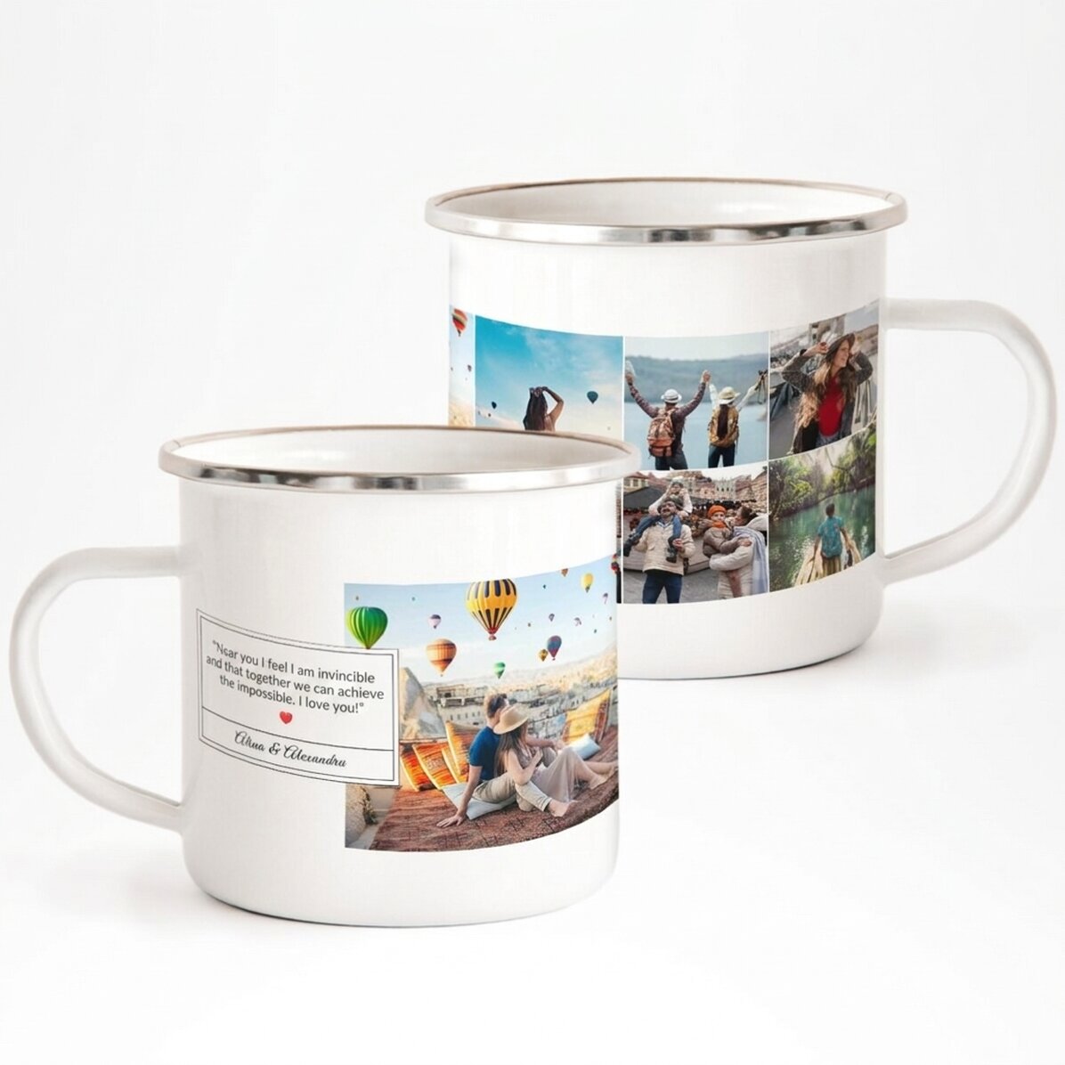 Taza metálica esmaltada con 6 fotos y un mensaje