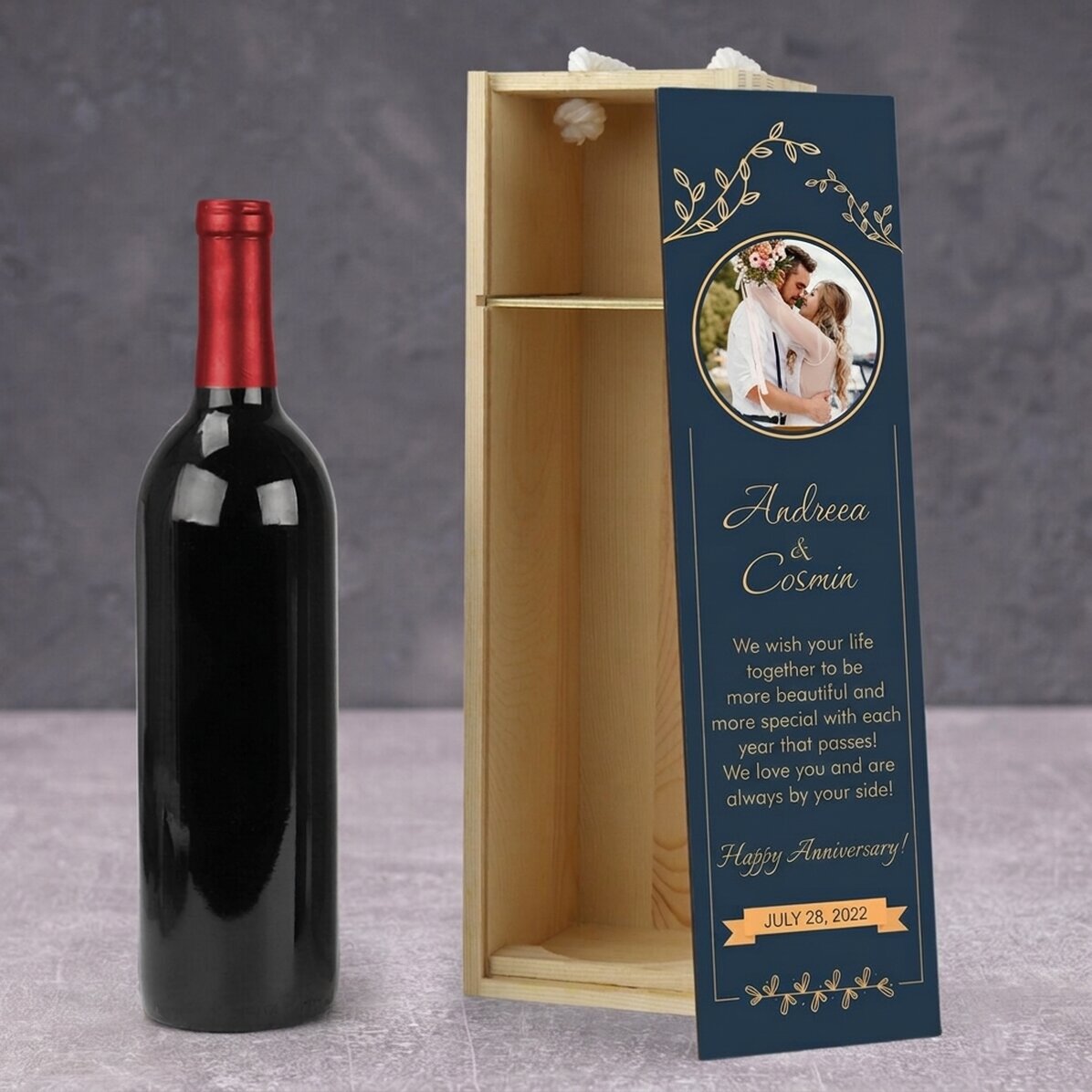 Caja de vino personalizada con foto y texto - Aniversario