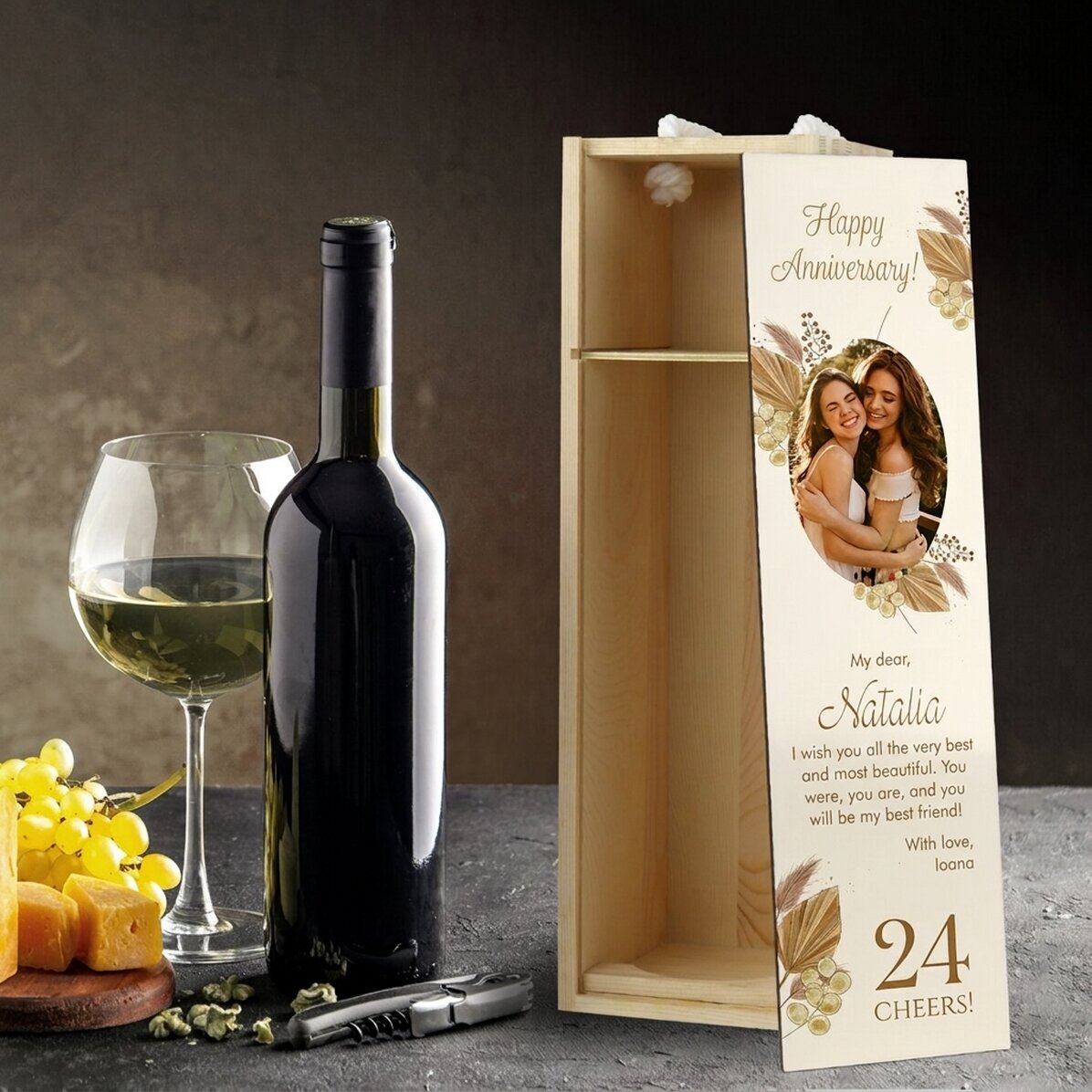 Caja de vino personalizada con foto y texto - Feliz cumpleaños