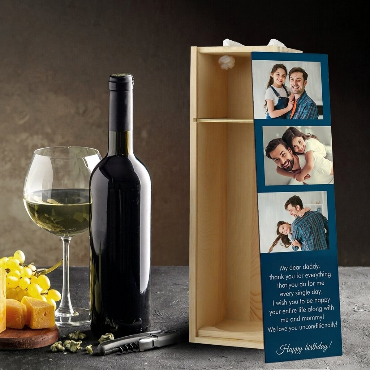 Caja de vino personalizada con 3 fotos y un texto para tus seres queridos