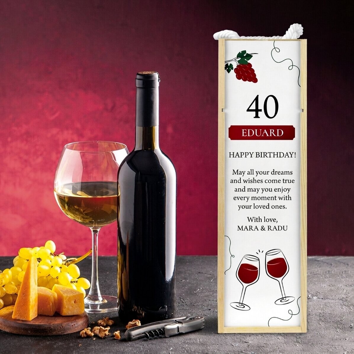 Caja de vino personalizada con un mensaje para un cumpleaños