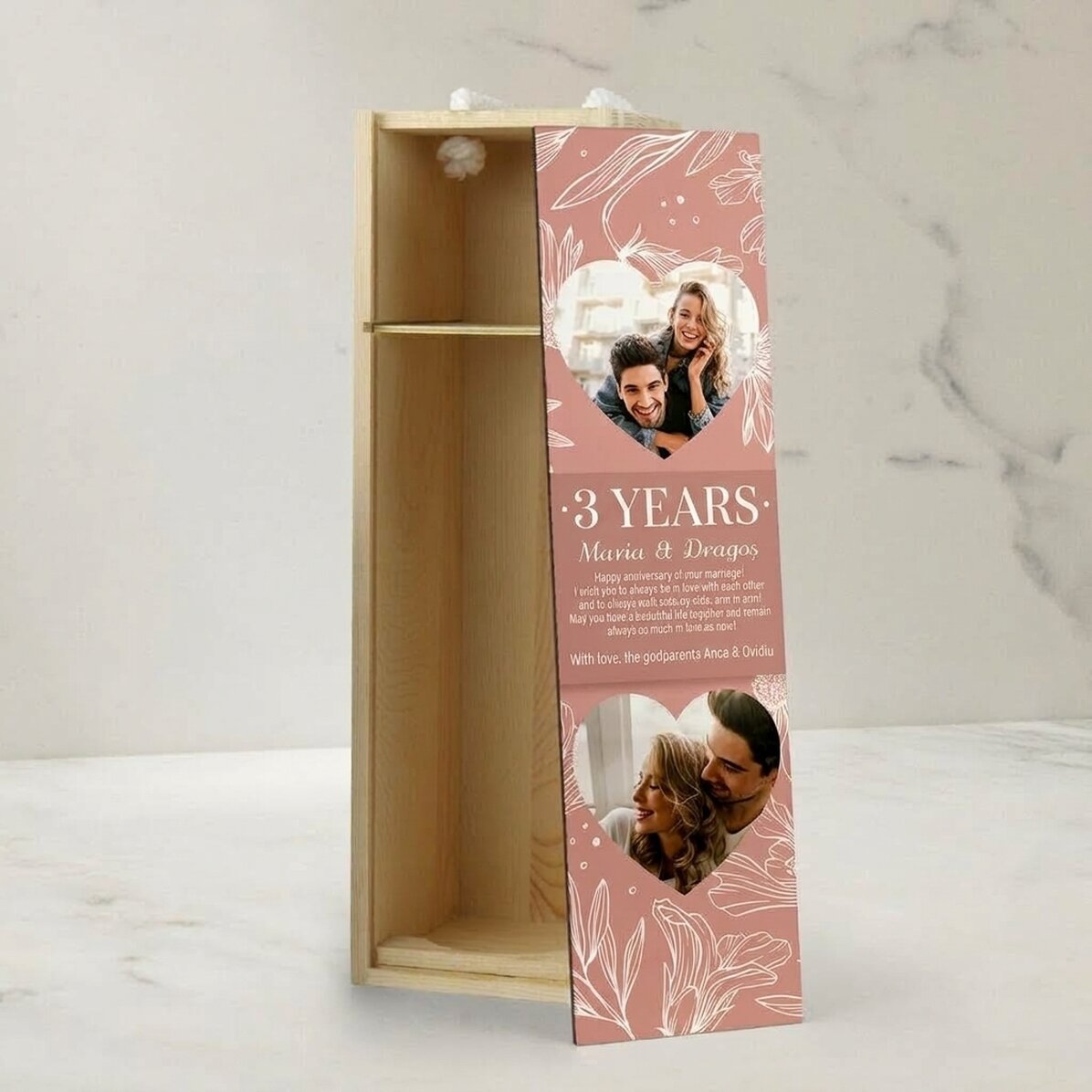 Caja de vino personalizada con texto y 2 fotos - Aniversario de boda