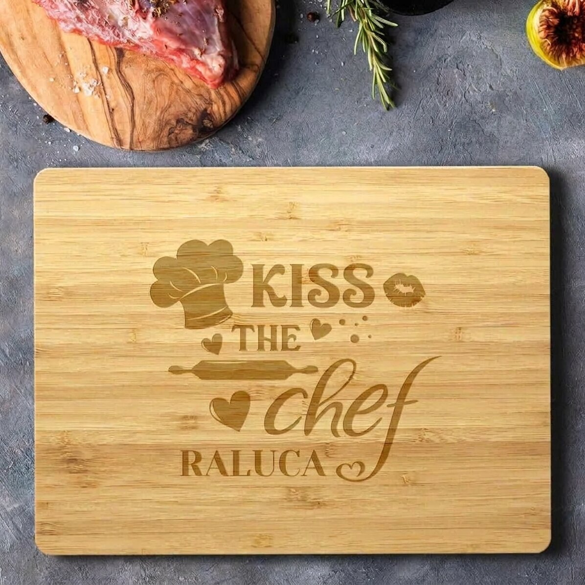Cortador rectangular de bambú personalizado con texto - Kiss the chef