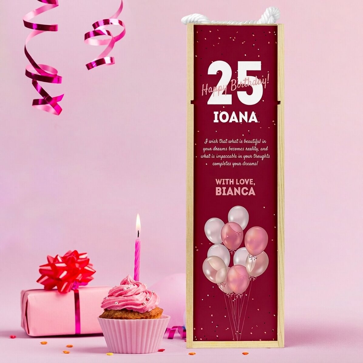 Caja de vino personalizada con mensaje de cumpleaños - Globos