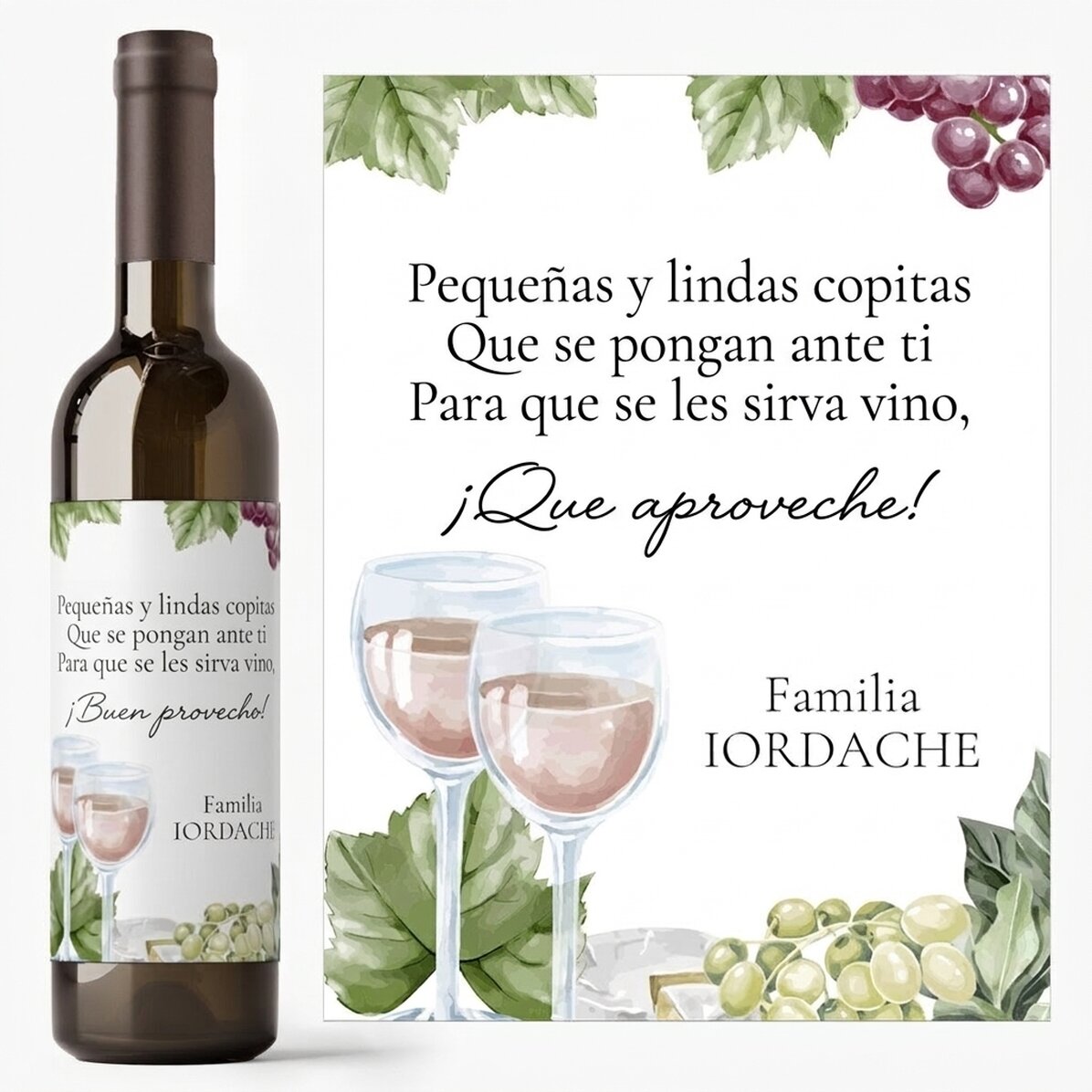 Vino personalizado con texto: «¡Buen provecho!»