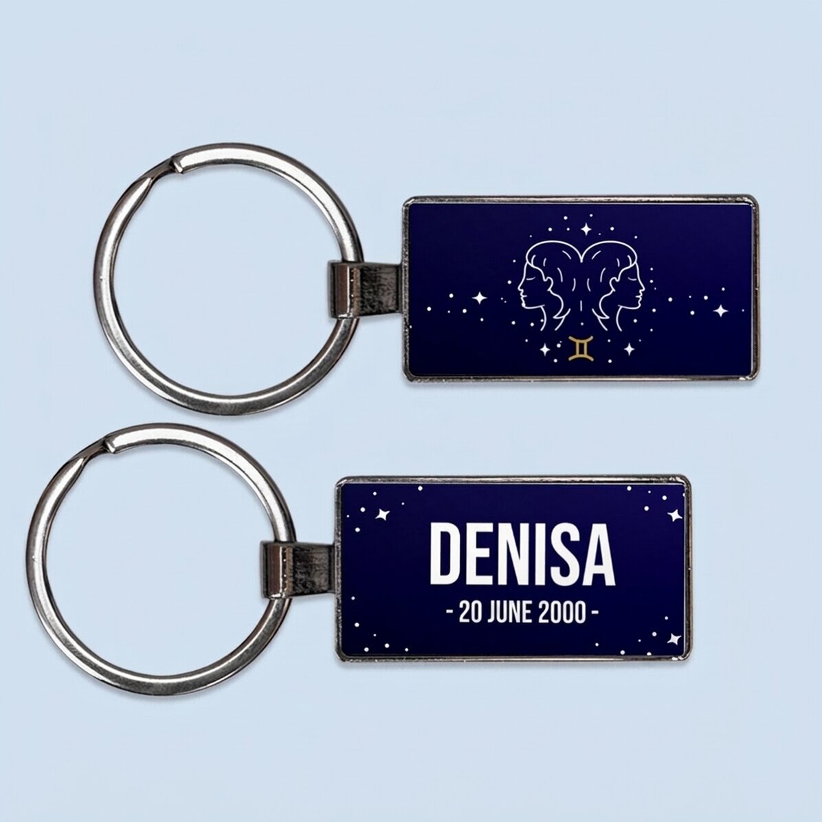 Llavero personalizado con texto y signo del zodiaco: Géminis