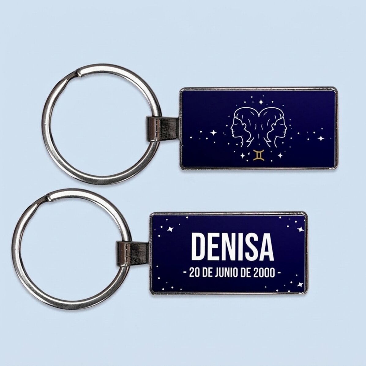 Llavero personalizado con texto y signo del zodiaco: Géminis
