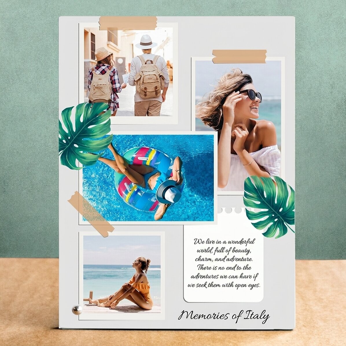 Marco de fotos de escritorio personalizado con 4 fotos y texto - Recuerdos de las vacaciones