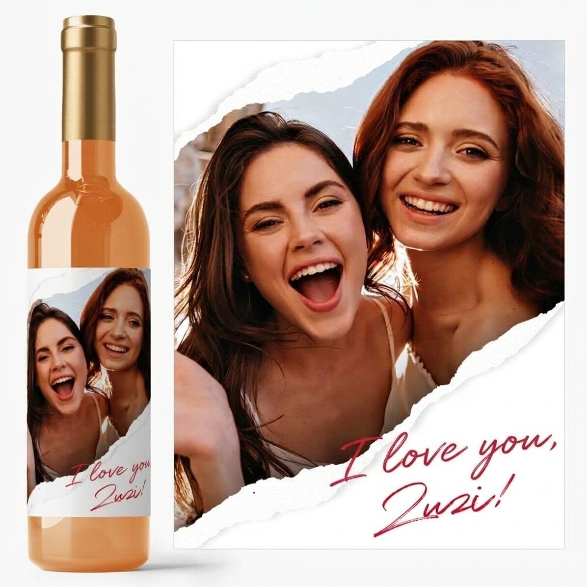 Vino personalizado con una foto y un texto - Papel rasgado