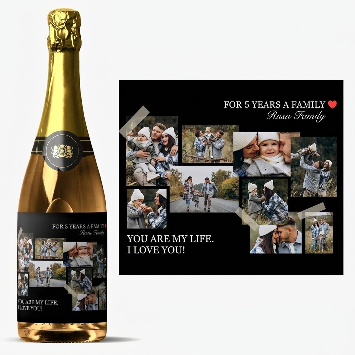 Vino espumoso personalizado con un mensaje y 9 fotos