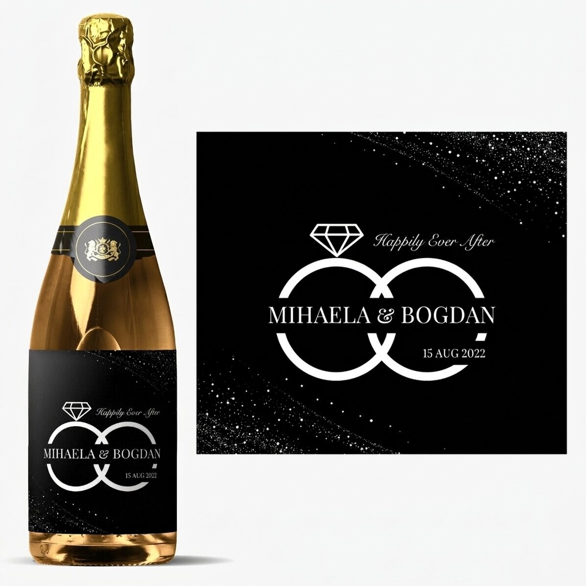 Vino espumoso personalizado con nombre y texto para una boda