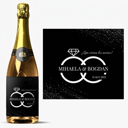 Vino espumoso personalizado con nombre y texto para una boda