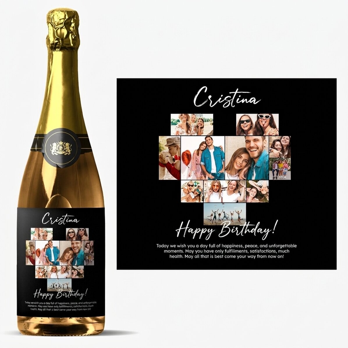 Vino espumoso personalizado con 11 fotos y un mensaje