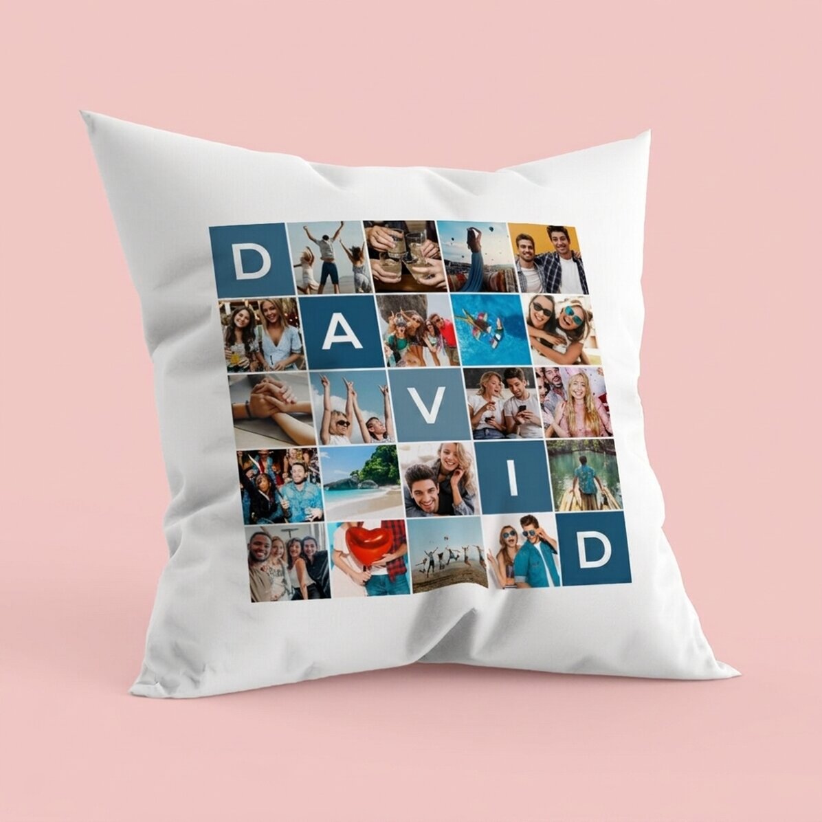 Cojín personalizado con 20 fotos y un nombre de 5 letras
