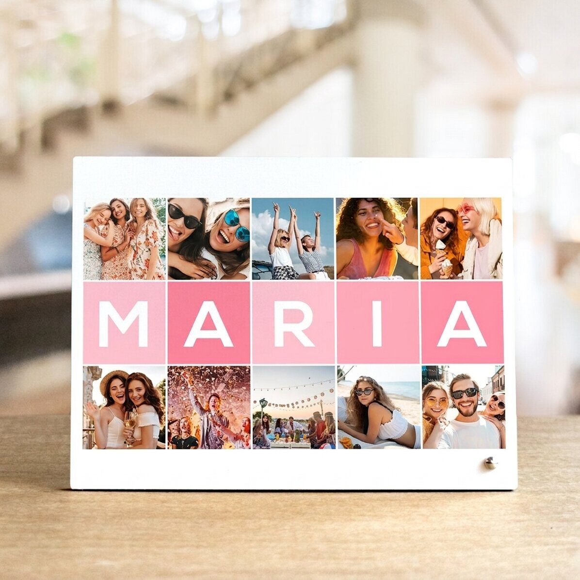 Marco de fotos de escritorio personalizado con 10 fotos y un nombre de 5 letras