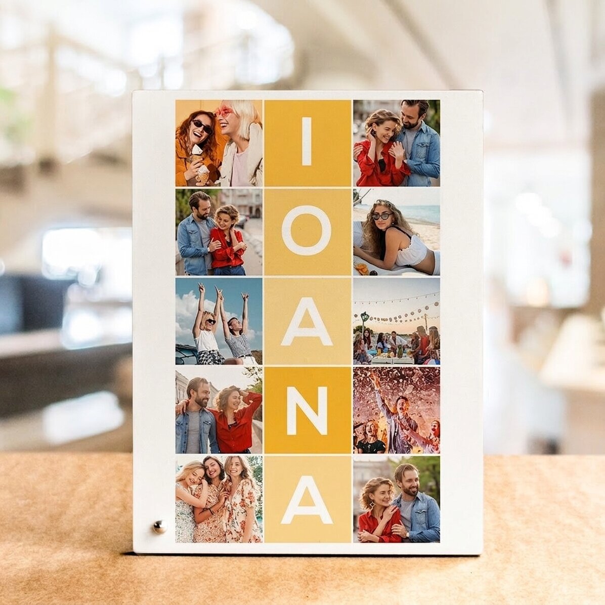 Marco de fotos de escritorio personalizado con 10 fotos y un nombre de 5 letras en vertical