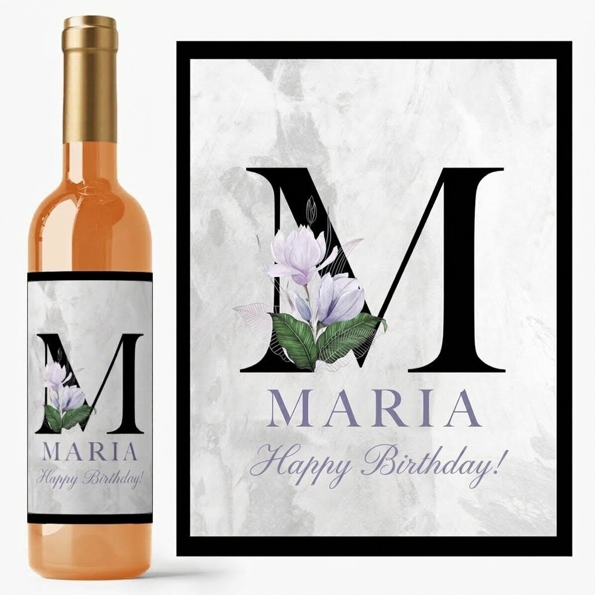 Vino personalizado con iniciales, nombre y mensaje - Floral