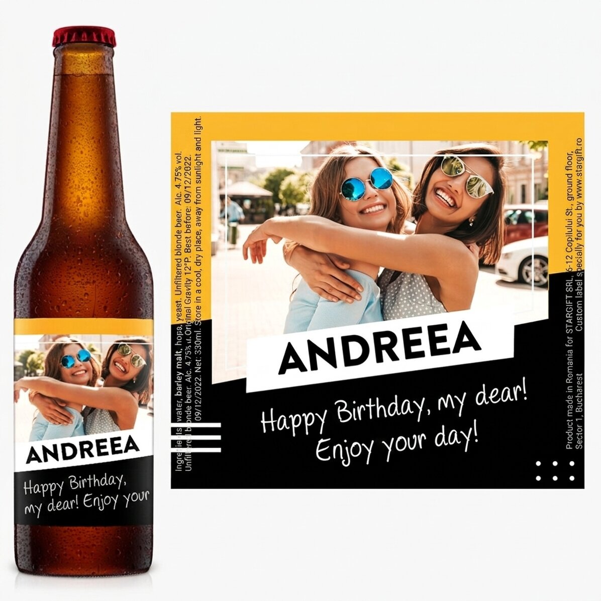 Cerveza personalizada con una foto y un texto - ¡Salud!