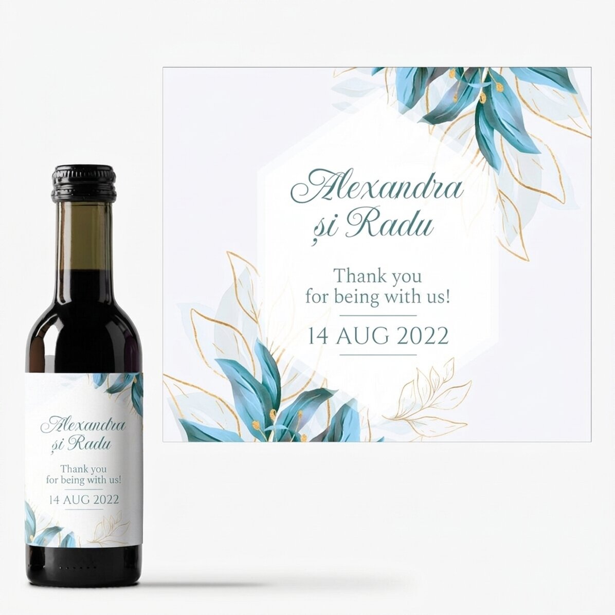 Mini botella de vino de recuerdo personalizada con texto: «Gracias»