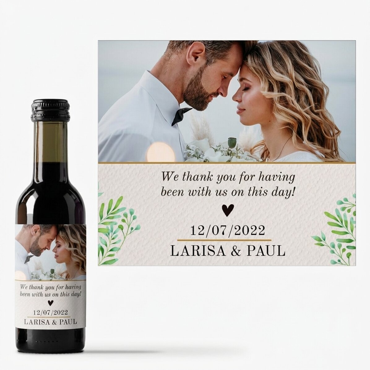 Mini botella de vino de recuerdo personalizada con una foto y un texto: ¡Gracias!