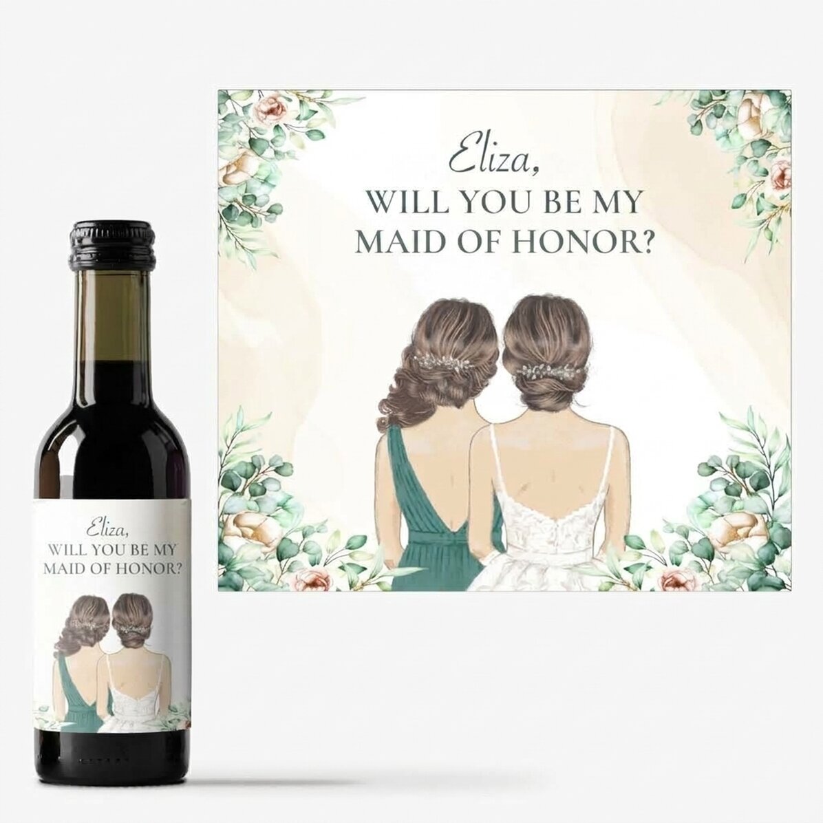 Mini botella de vino personalizada con texto - Dama de honor