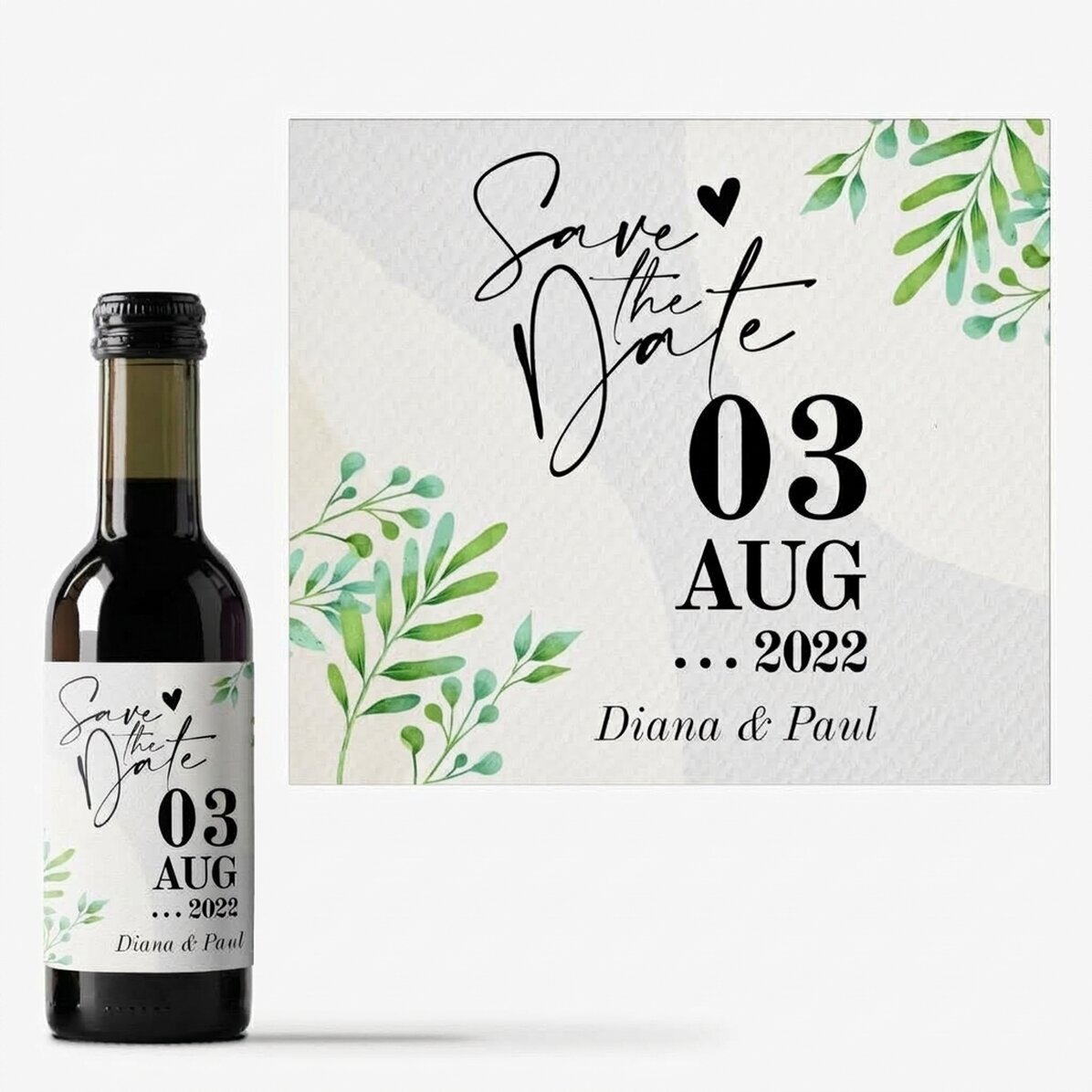 Mini botella de vino personalizada con texto: «Save the date»
