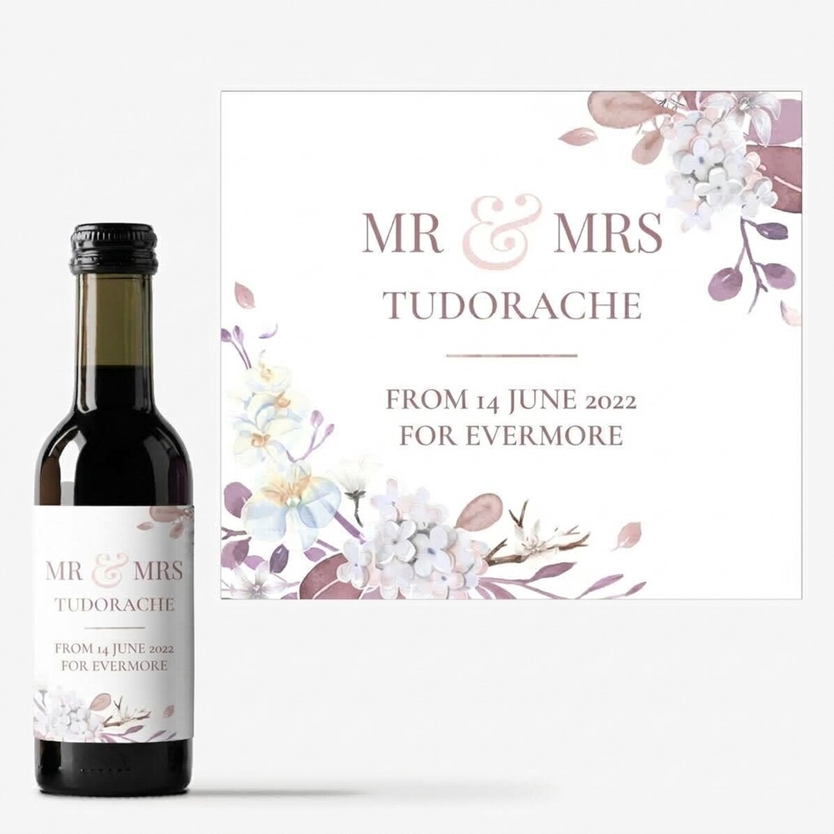 Mini botella de vino de recuerdo personalizada con texto: «Mr & Mrs»