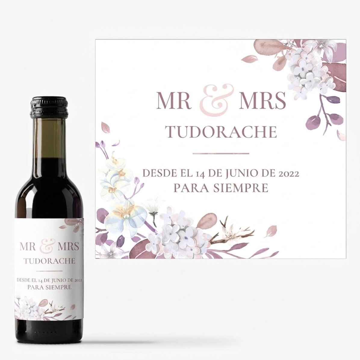 Mini botella de vino de recuerdo personalizada con texto: «Mr & Mrs»