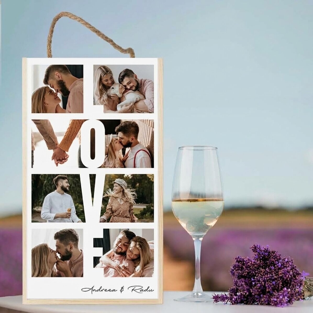 Caja de vino para 2 botellas personalizada con 8 fotos y un mensaje - LOVE