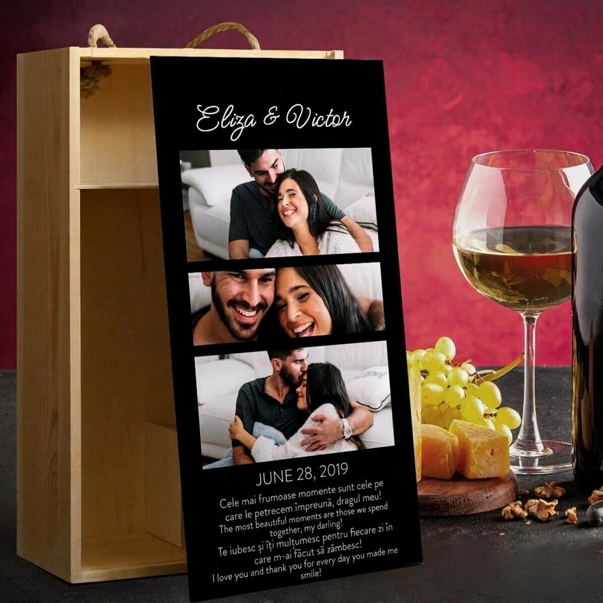 Caja de vino para 2 botellas personalizada con 3 fotos y un mensaje para tus seres queridos