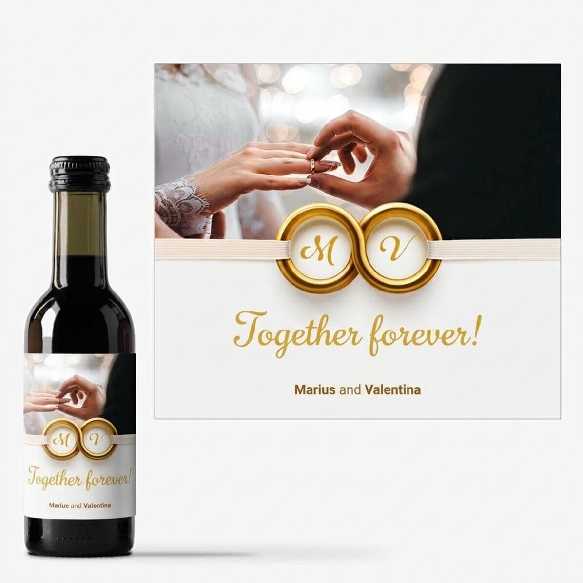 Mini botella de vino personalizada con una foto y un texto: «Juntos para siempre»