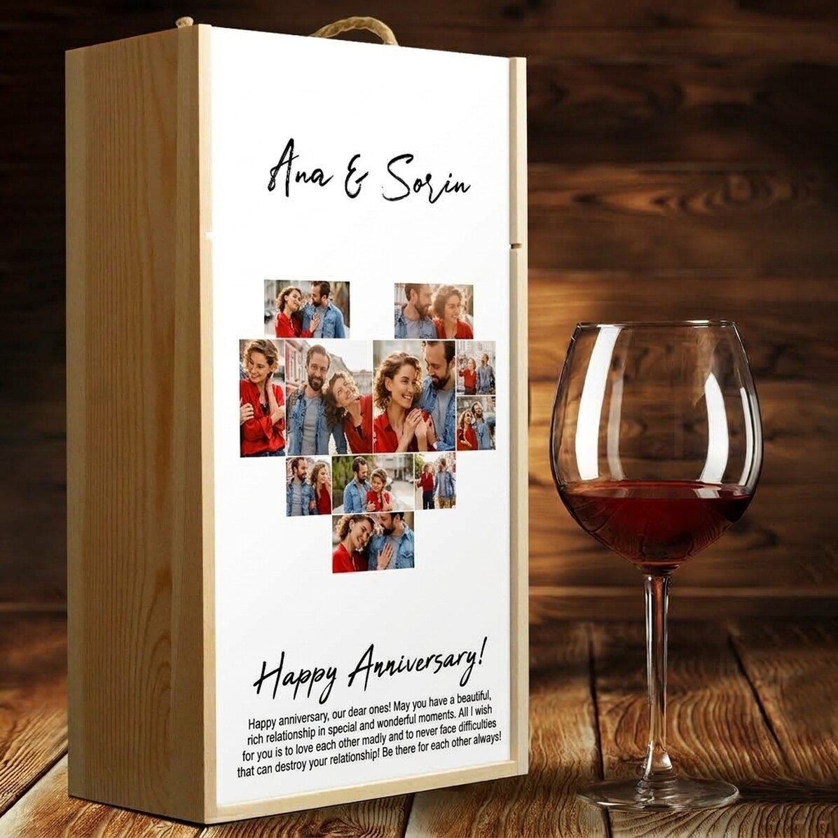 Caja de vino para 2 botellas personalizada con 11 fotos y un mensaje - Corazón