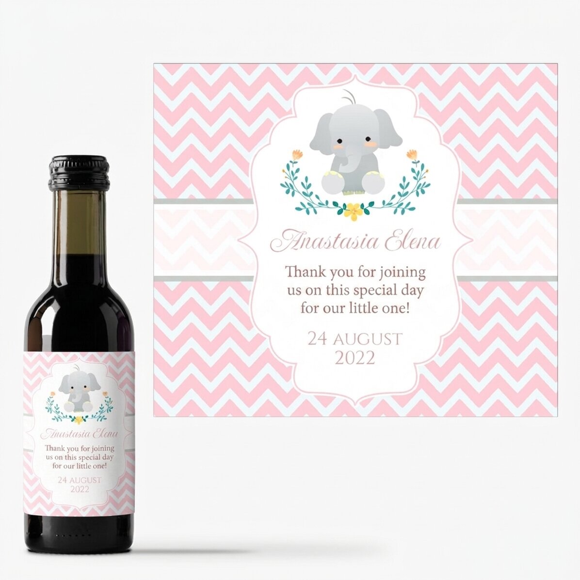 Mini botella de vino personalizada para regalo de bautizo con texto - Elefante