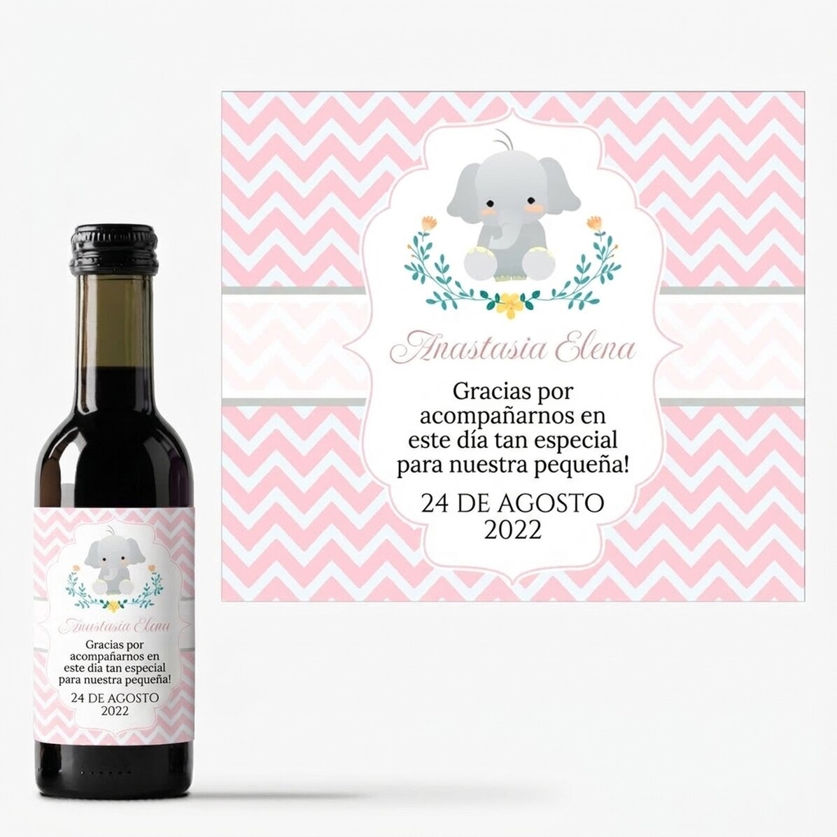 Mini botella de vino personalizada para regalo de bautizo con texto - Elefante