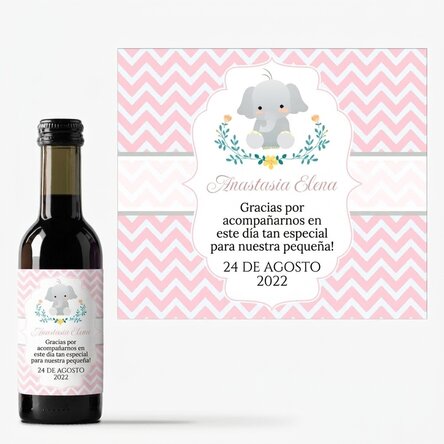 Mini botella de vino personalizada para regalo de bautizo con texto - Elefante